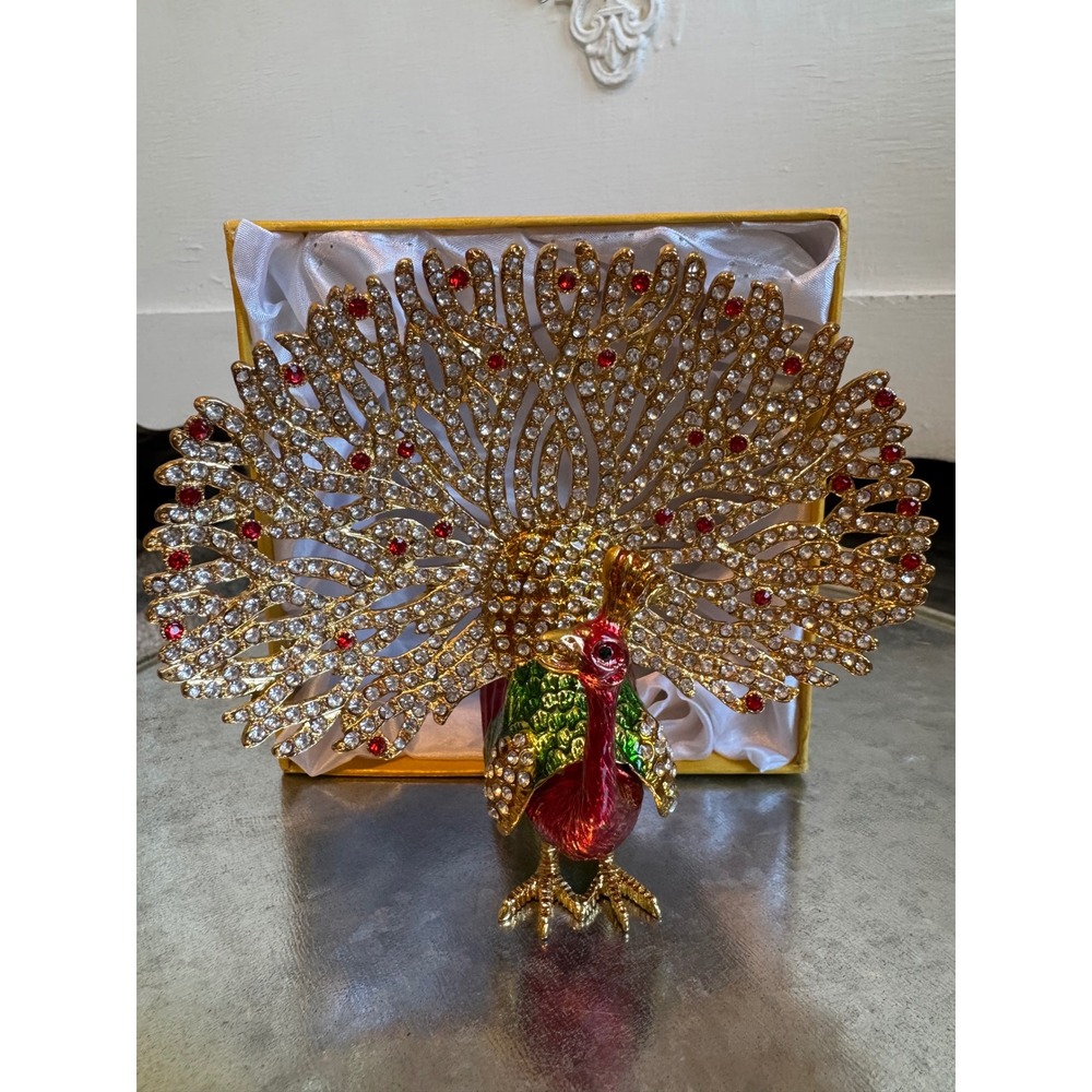 Jeweled Peacock Figurine Trinket Box Rhinestone Crystals Gold Tone Decor